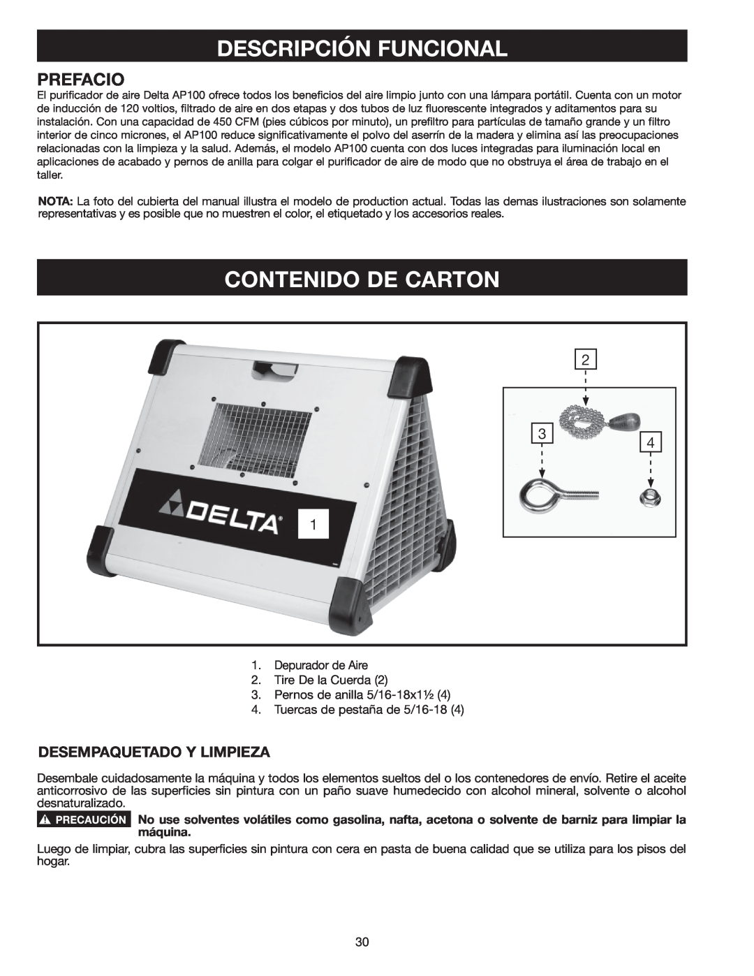 Delta AP-100 instruction manual Descripción Funcional, Contenido De Carton, Prefacio, Desempaquetado Y Limpieza 