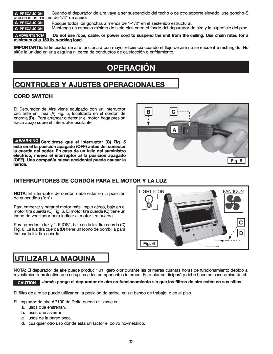 Delta AP-100 instruction manual Operación, Controles Y Ajustes Operacionales, Utilizar La Maquina, Cord Switch 