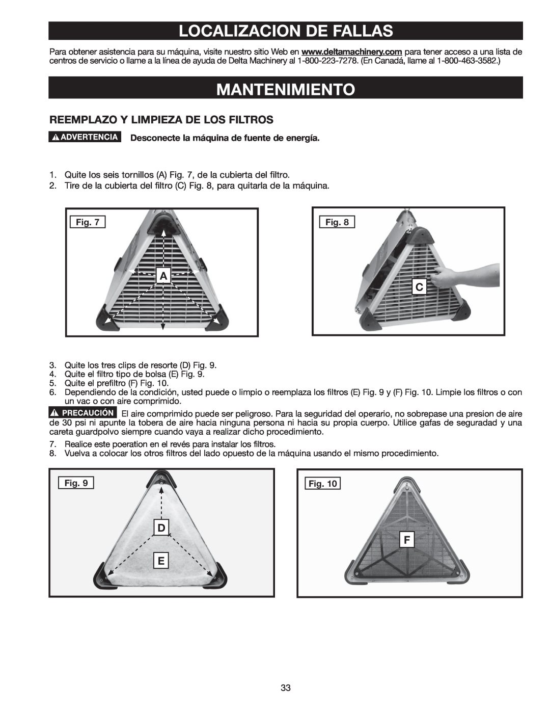 Delta AP-100 instruction manual Localizacion De Fallas, Mantenimiento, Reemplazo Y Limpieza De Los Filtros, Fig 
