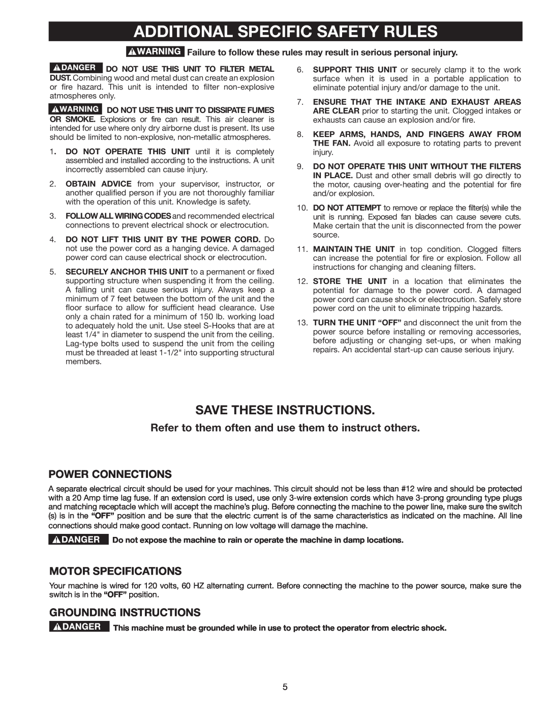 Delta AP-100 Additional Specific Safety Rules, Save These Instructions, Power Connections, Motor Specifications 