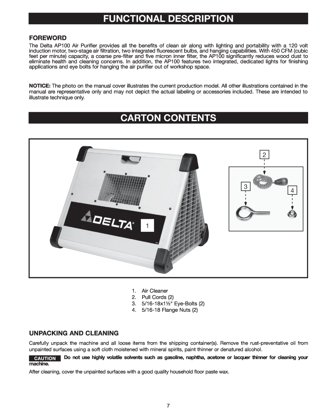 Delta AP-100 instruction manual Functional Description, Carton Contents, Foreword, Unpacking And Cleaning 