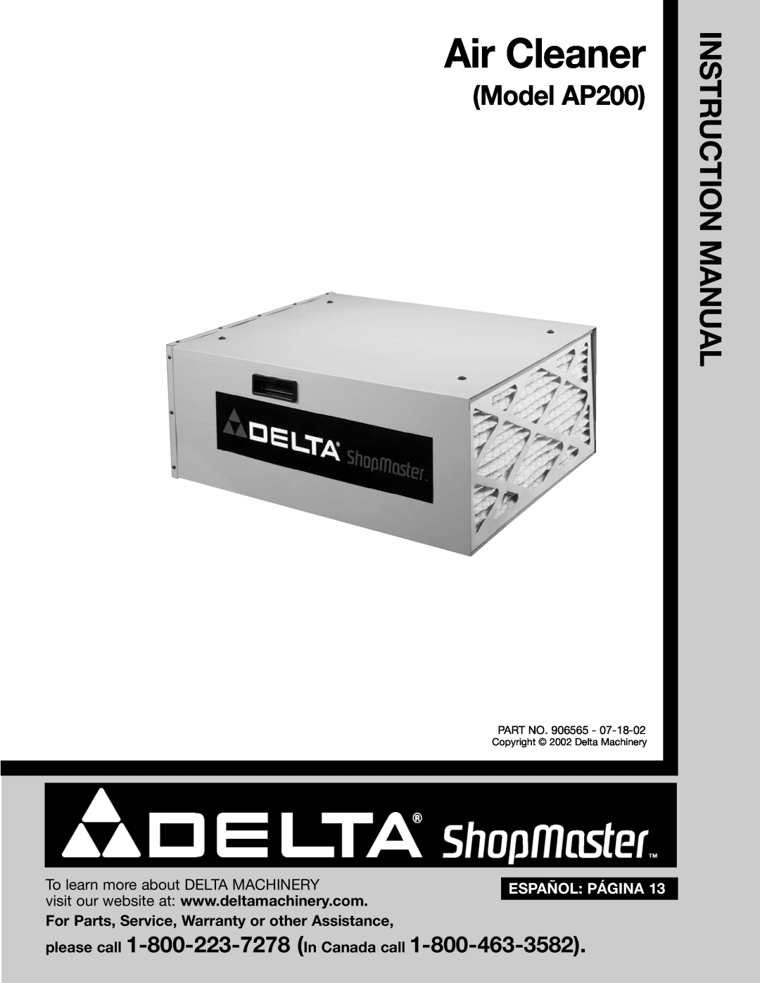Delta instruction manual Air Cleaner, Model AP200, To learn more about DELTA MACHINERY, Español Página 