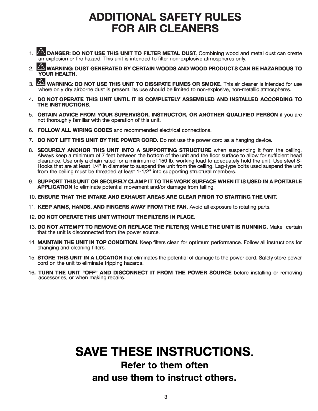 Delta AP200 instruction manual Save These Instructions, Additional Safety Rules For Air Cleaners, Refer to them often 