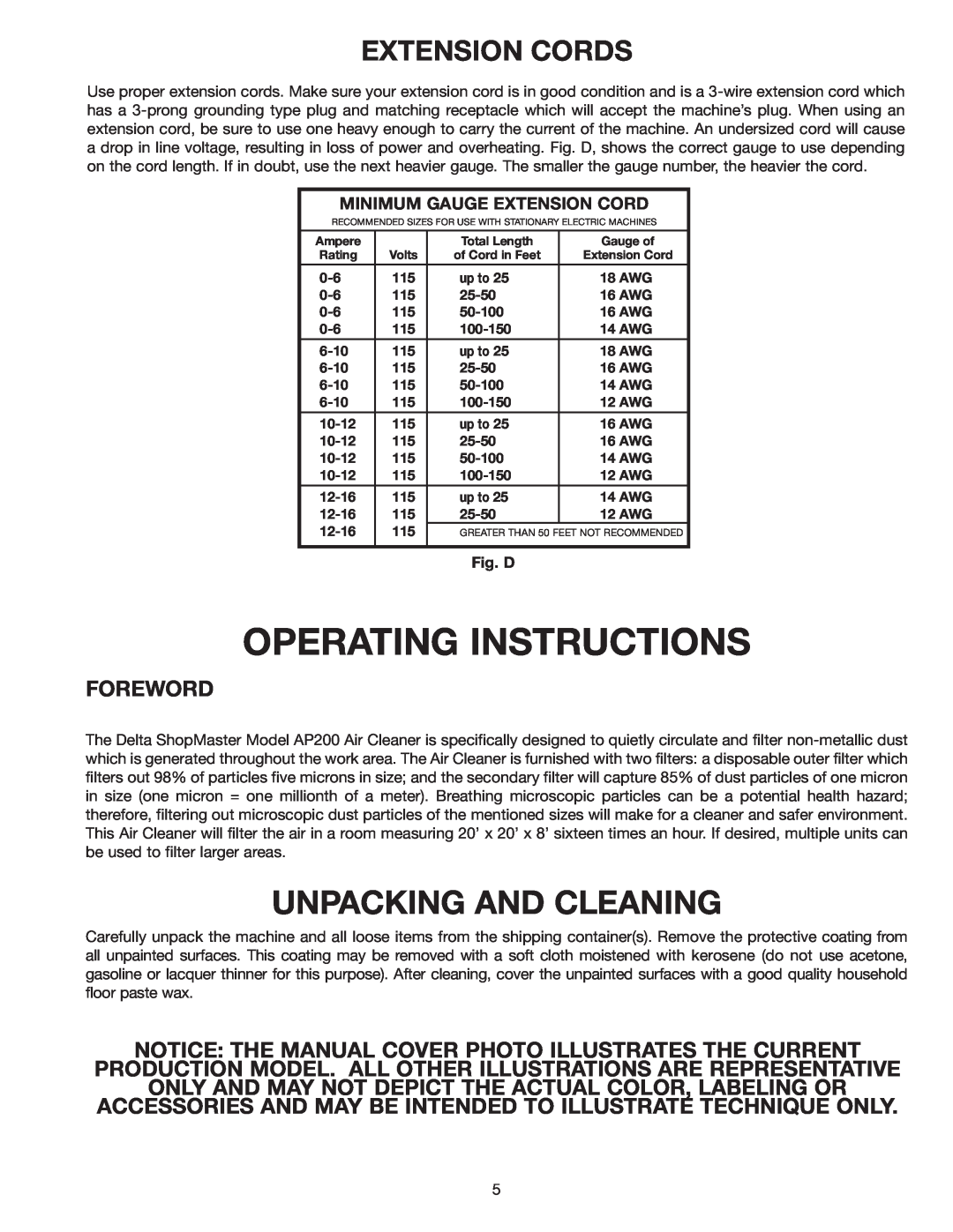 Delta AP200 instruction manual Unpacking And Cleaning, Extension Cords, Operating Instructions 