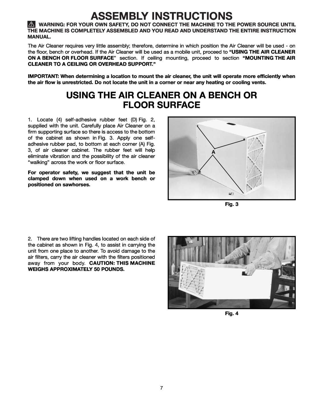 Delta AP200 instruction manual Assembly Instructions, Using The Air Cleaner On A Bench Or Floor Surface 