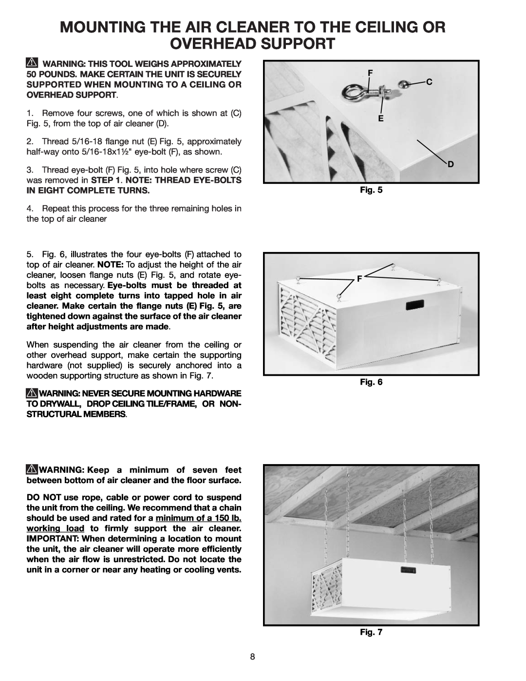 Delta AP200 instruction manual Mounting The Air Cleaner To The Ceiling Or, Overhead Support, In Eight Complete Turns 