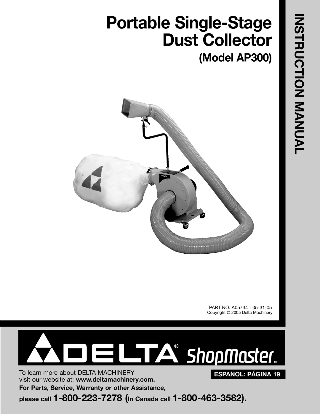 Delta AP300 instruction manual Portable Single-Stage Dust Collector 