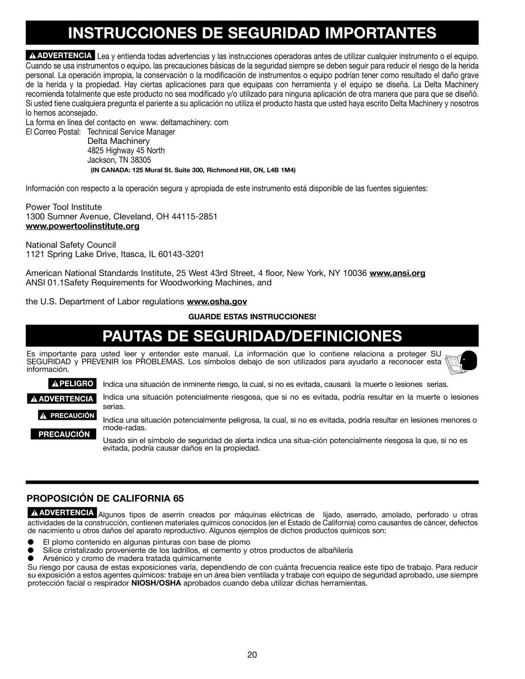 Delta AP300 instruction manual Instrucciones DE Seguridad Importantes, Pautas DE SEGURIDAD/DEFINICIONES 