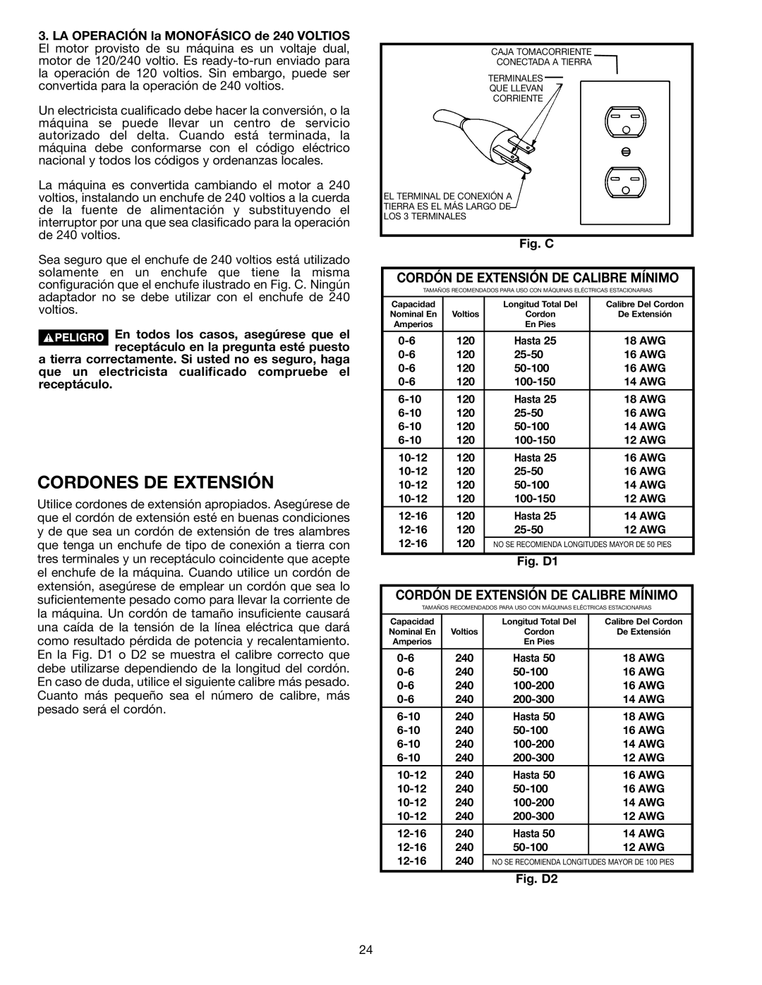 Delta AP300 instruction manual Cordones DE Extensión, Cordón DE Extensión DE Calibre Mínimo 