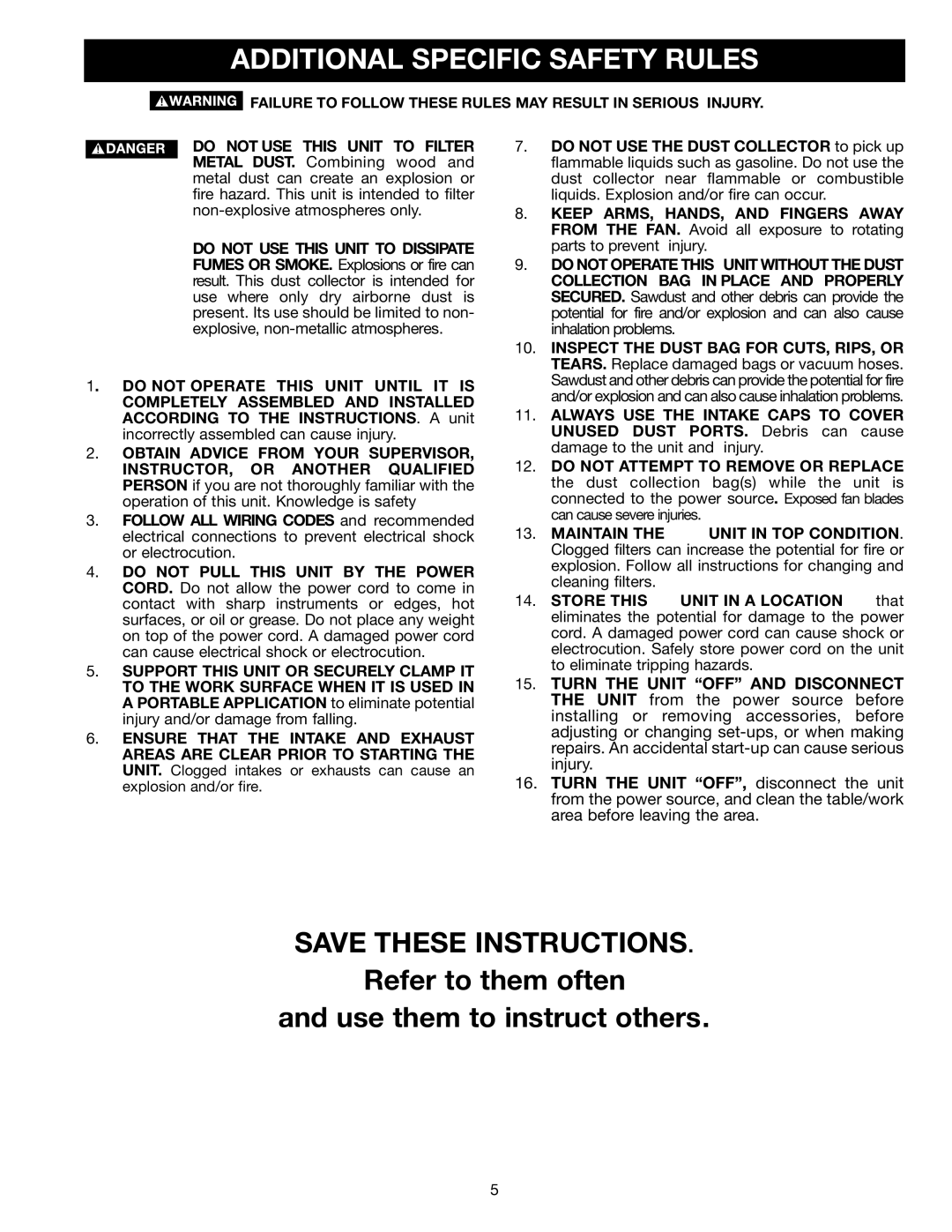 Delta AP300 instruction manual Additional Specific Safety Rules, Failure to Follow These Rules MAY Result in Serious Injury 