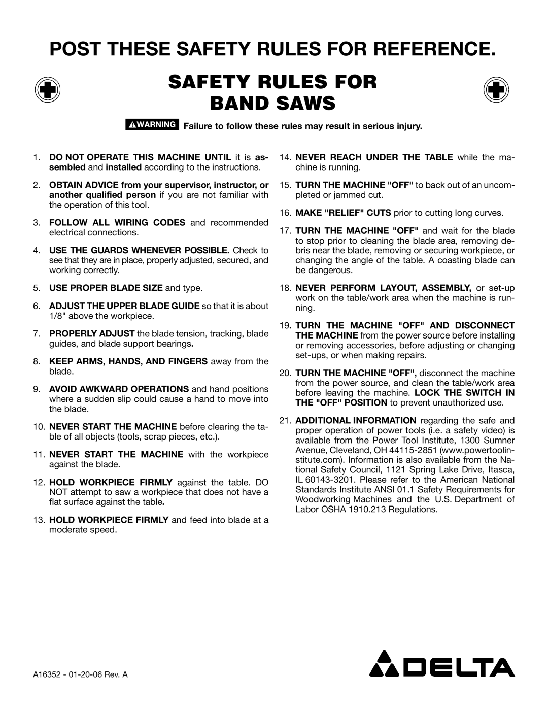 Delta manual Post These Safety Rules for Reference, Safety Rules for Band Saws 