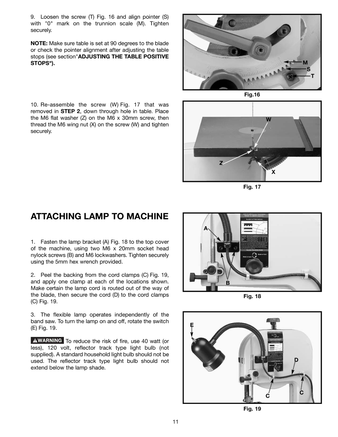 Delta BS150LS instruction manual Attaching Lamp to Machine, Stops 