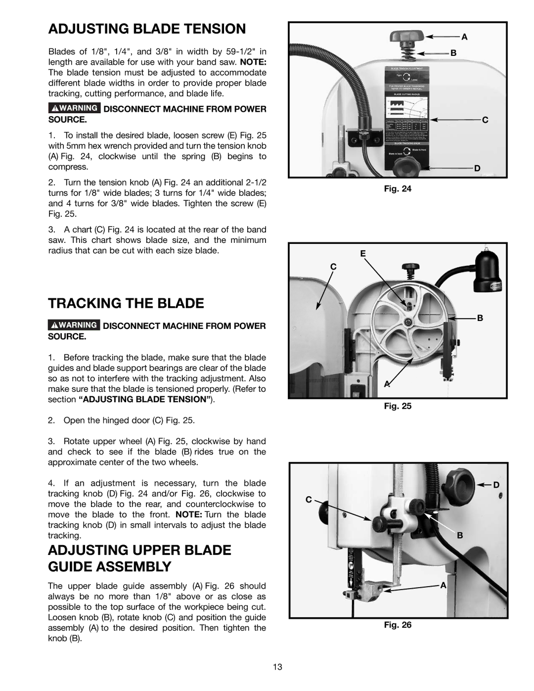 Delta BS150LS instruction manual Adjusting Blade Tension, Tracking the Blade, Adjusting Upper Blade Guide Assembly 