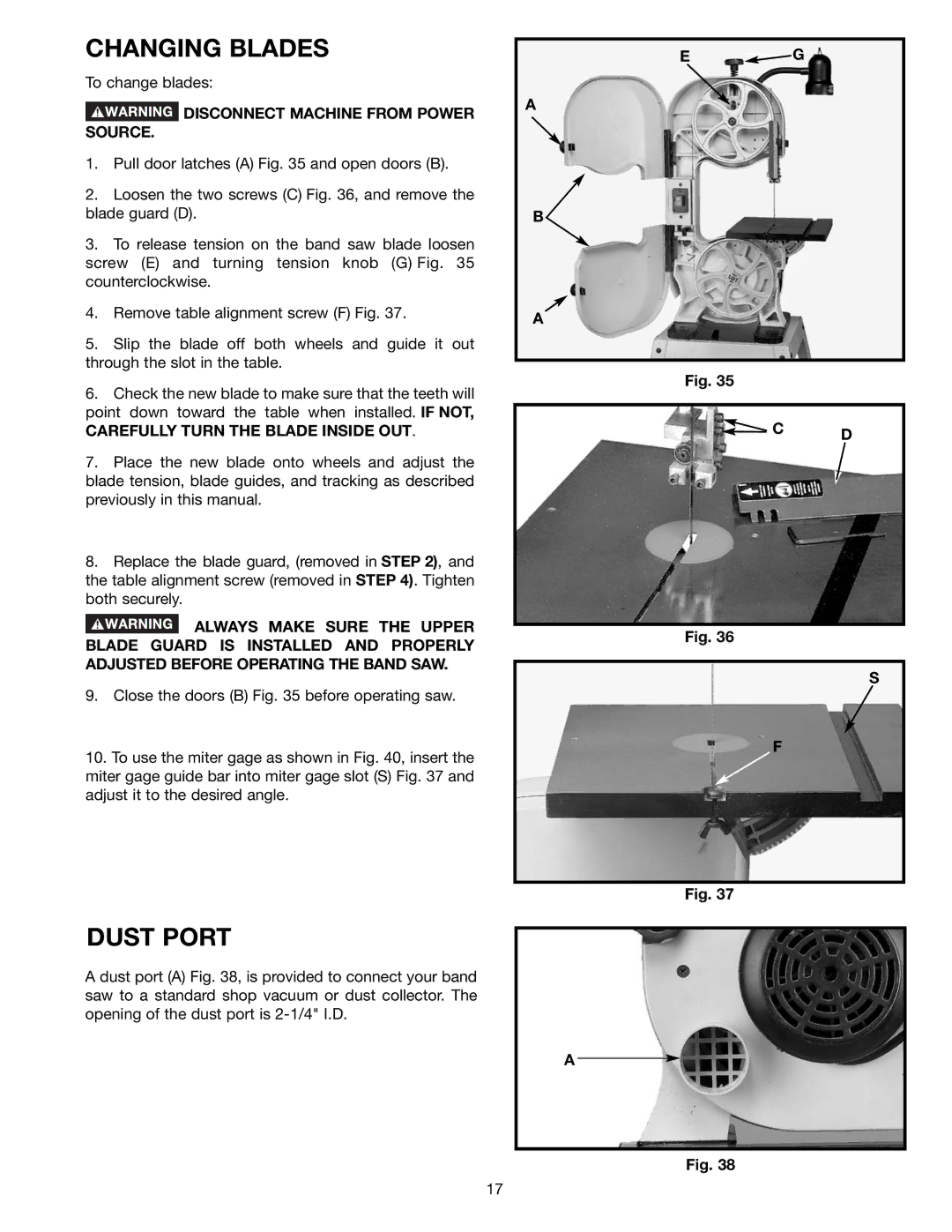 Delta BS150LS instruction manual Changing Blades, Dust Port, Carefully Turn the Blade Inside OUT 