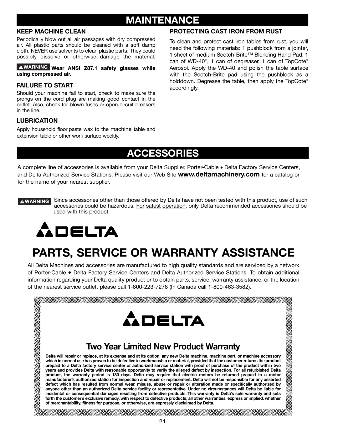 Delta BS150LS instruction manual Maintenance, Accessories 