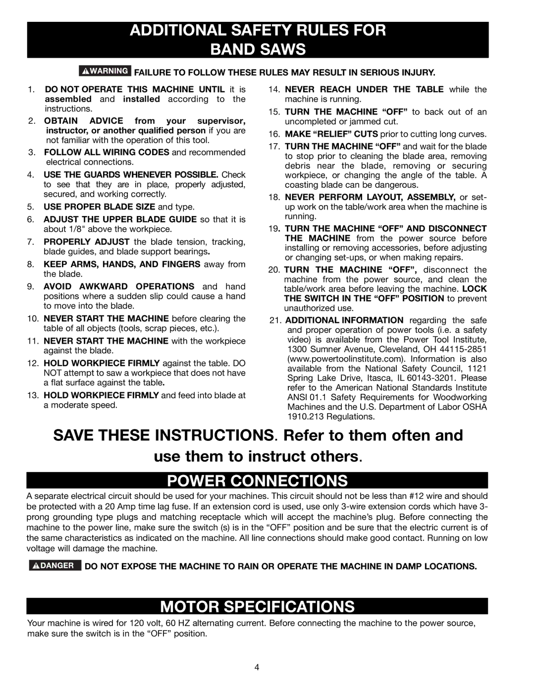 Delta BS150LS instruction manual Additional Safety Rules for Band Saws, Power Connections, Motor Specifications 