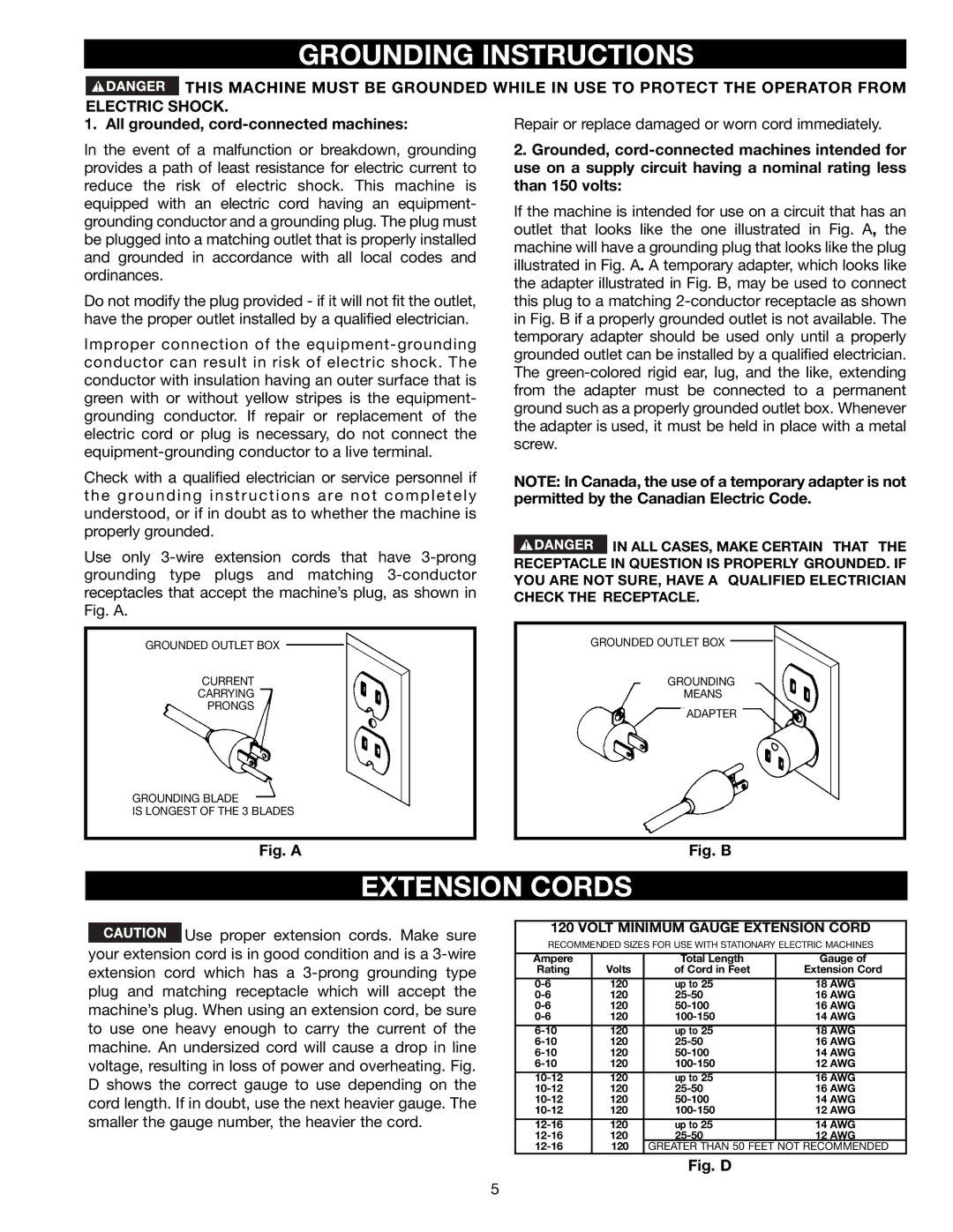 Delta BS150LS instruction manual Grounding Instructions, Extension Cords 