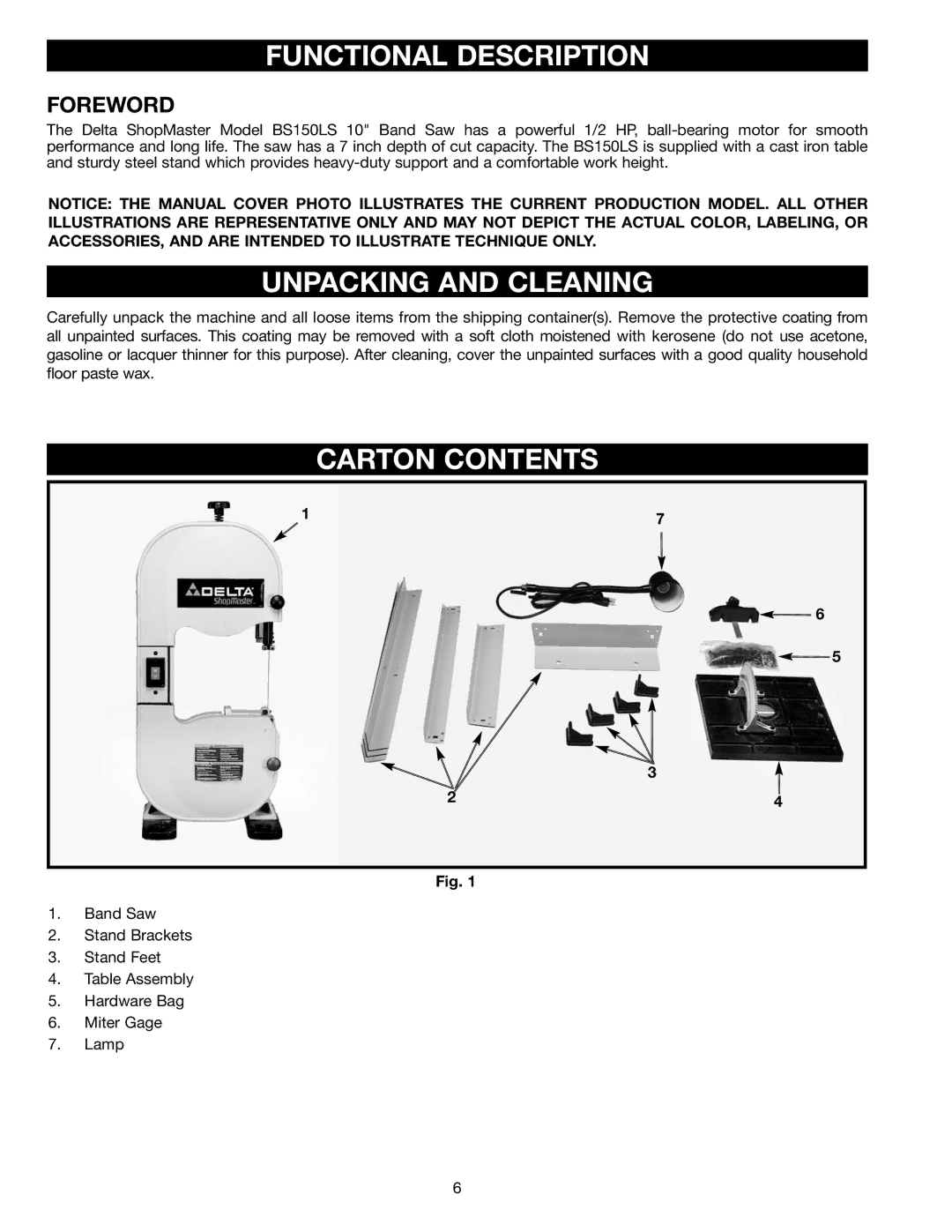 Delta BS150LS instruction manual Functional Description, Unpacking and Cleaning, Carton Contents 