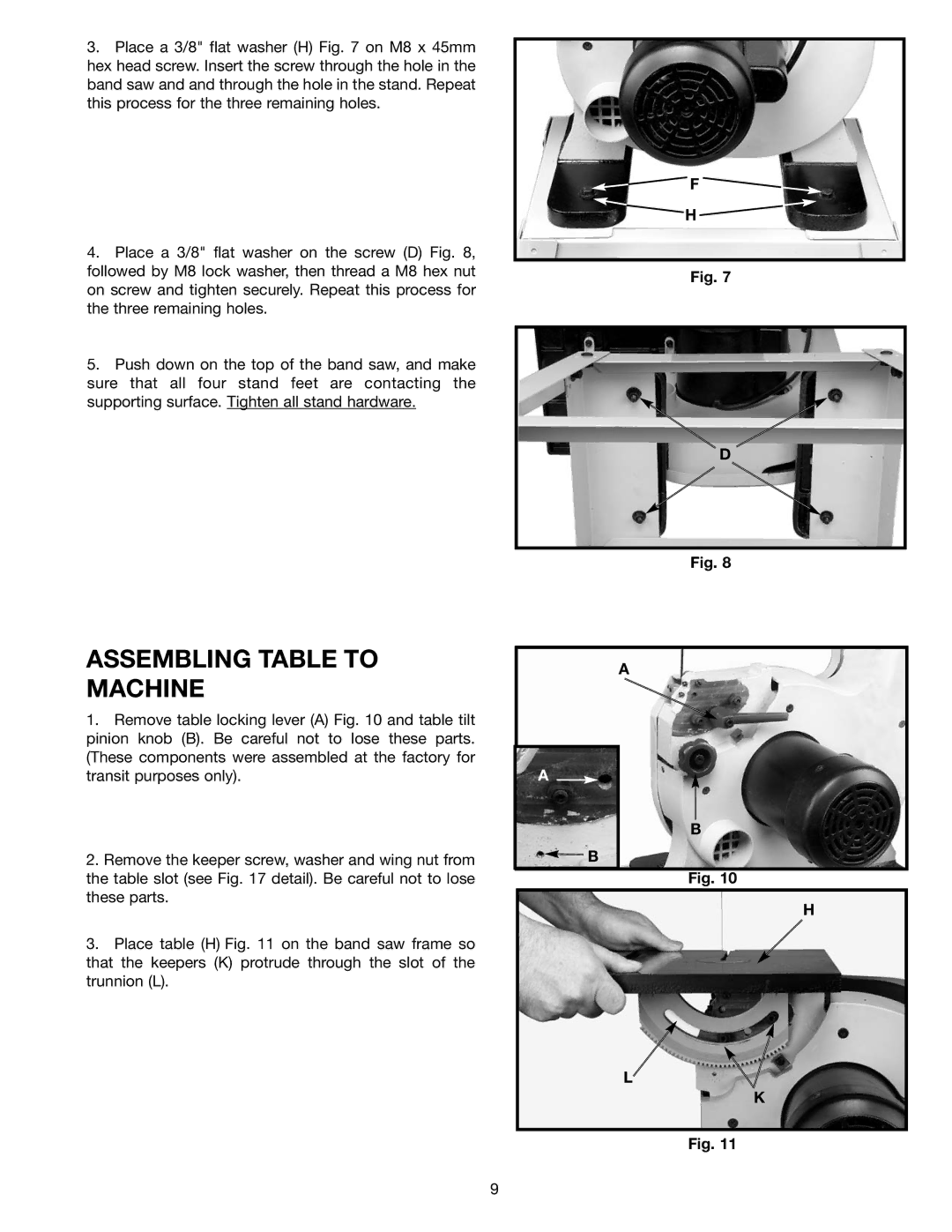 Delta BS150LS instruction manual Assembling Table to Machine 