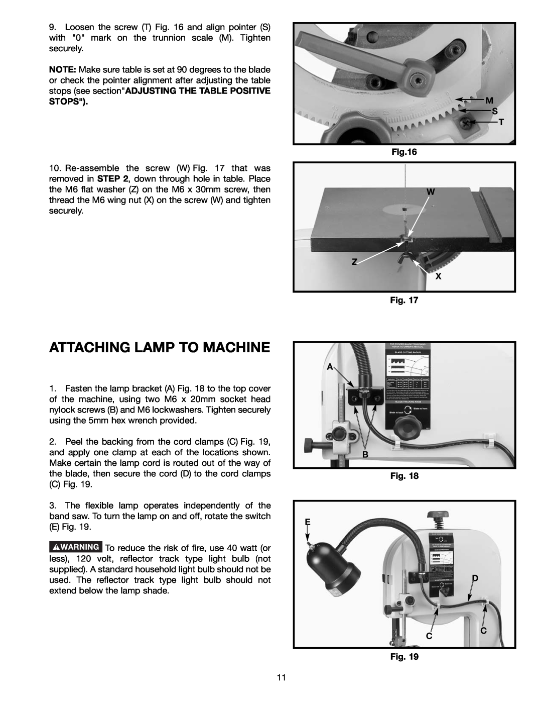 Delta BS150LS instruction manual Attaching Lamp To Machine, Stops, M S T W Z X 