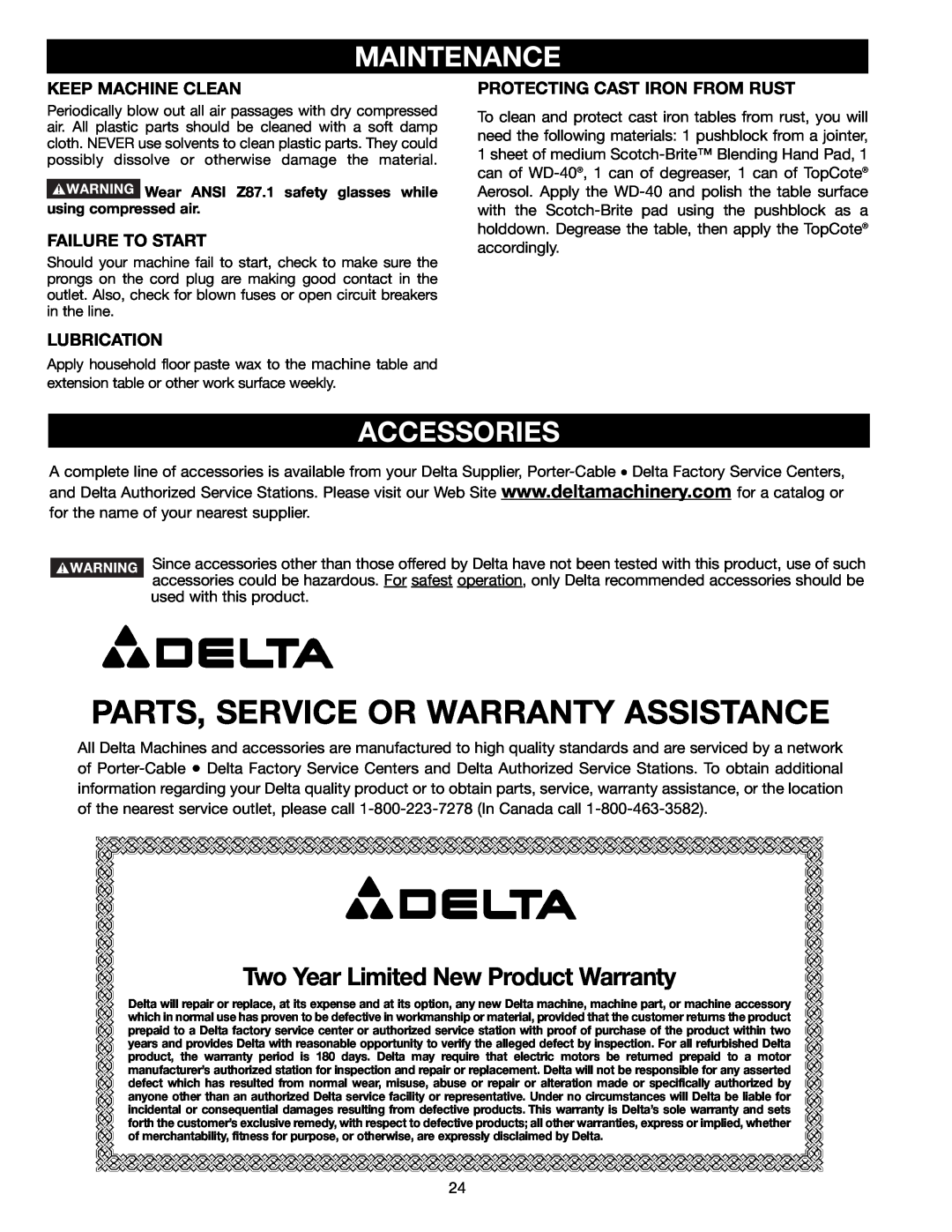 Delta BS150LS Maintenance, Accessories, Two Year Limited New Product Warranty, Parts, Service Or Warranty Assistance 