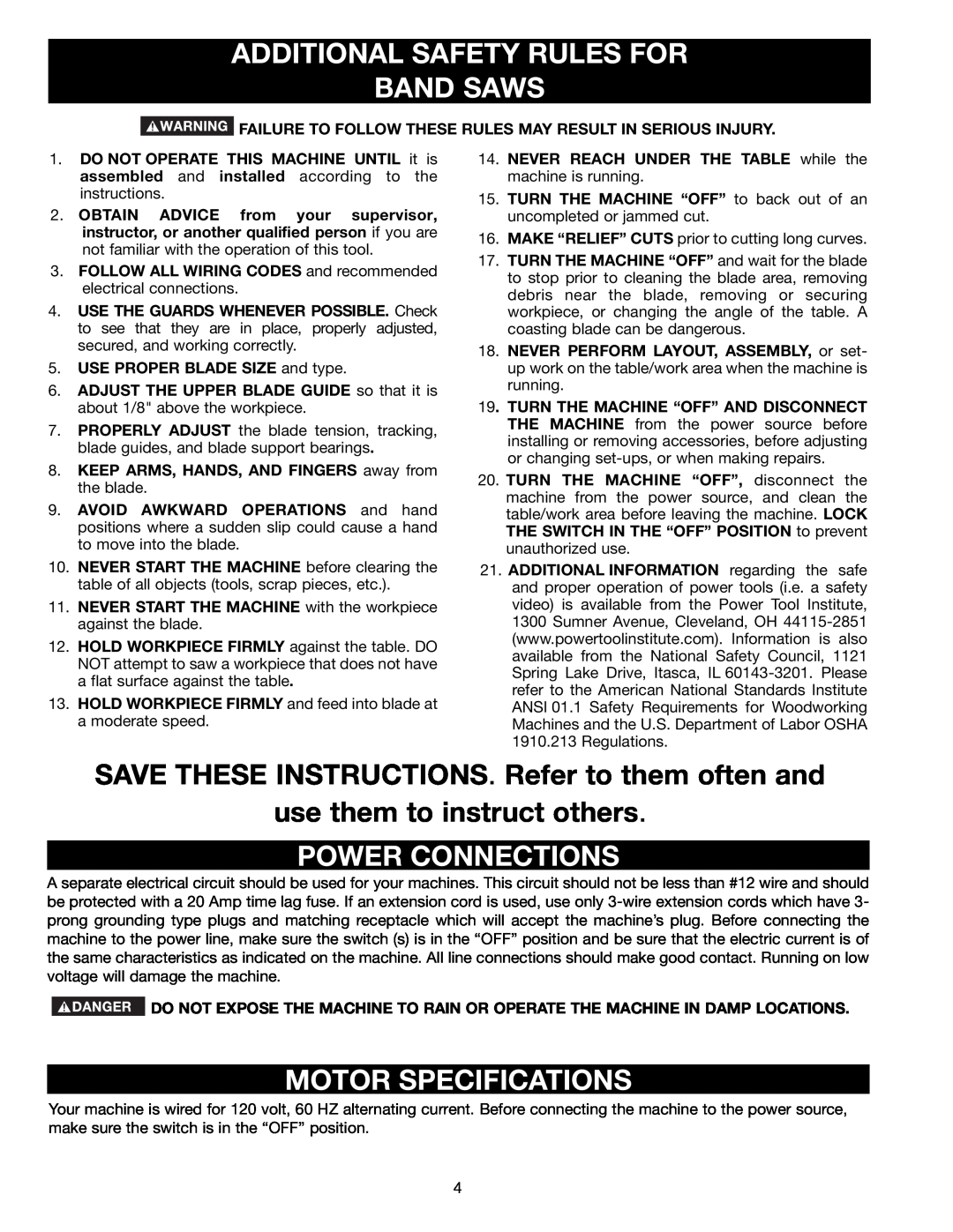 Delta BS150LS Additional Safety Rules For Band Saws, SAVE THESE INSTRUCTIONS. Refer to them often and, Power Connections 