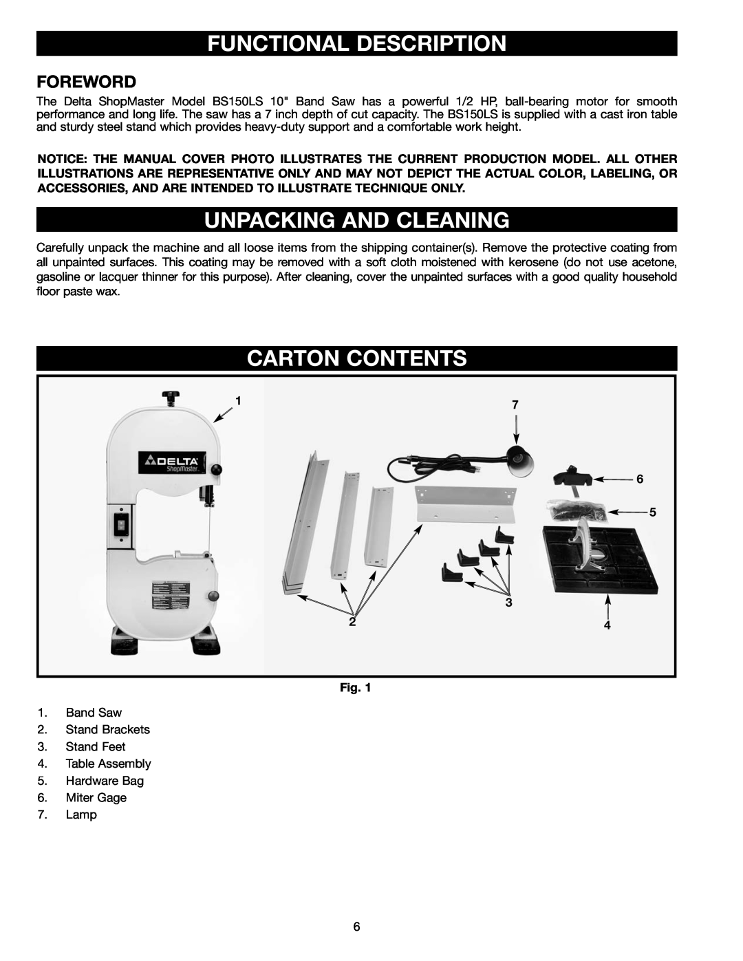 Delta BS150LS instruction manual Functional Description, Unpacking And Cleaning, Carton Contents, Foreword 