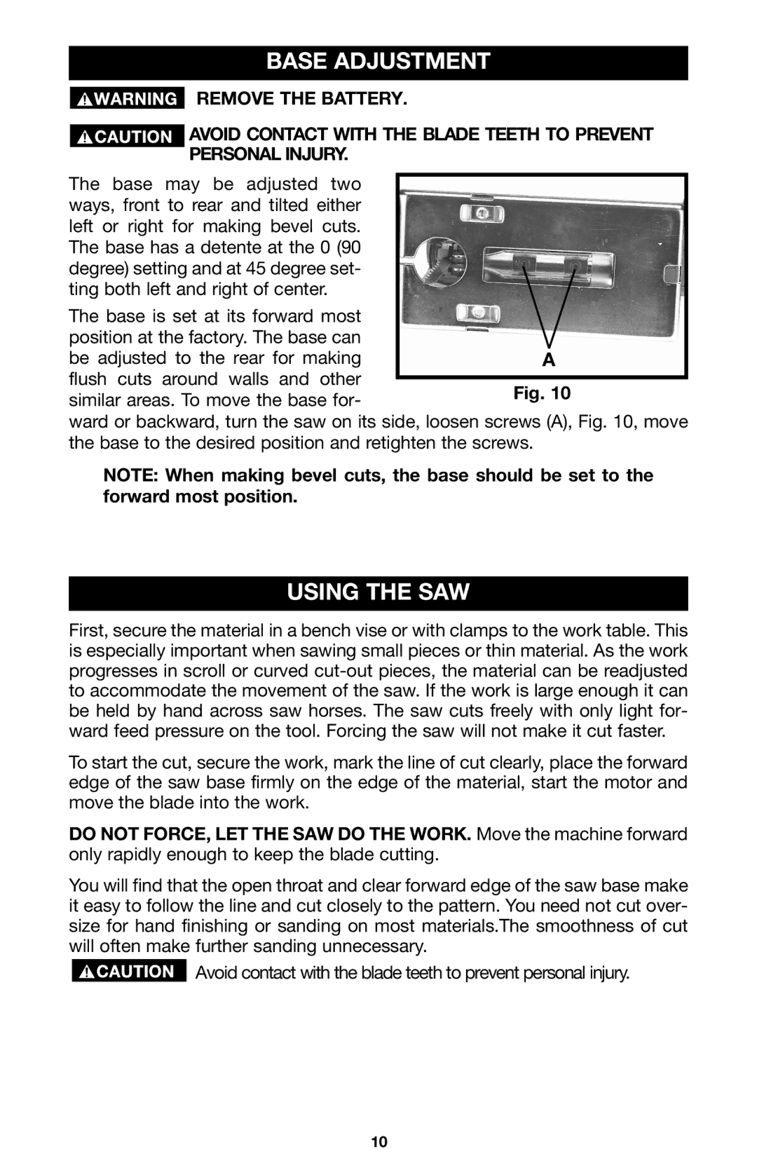 Delta CL180JS instruction manual Base Adjustment, Using the SAW 