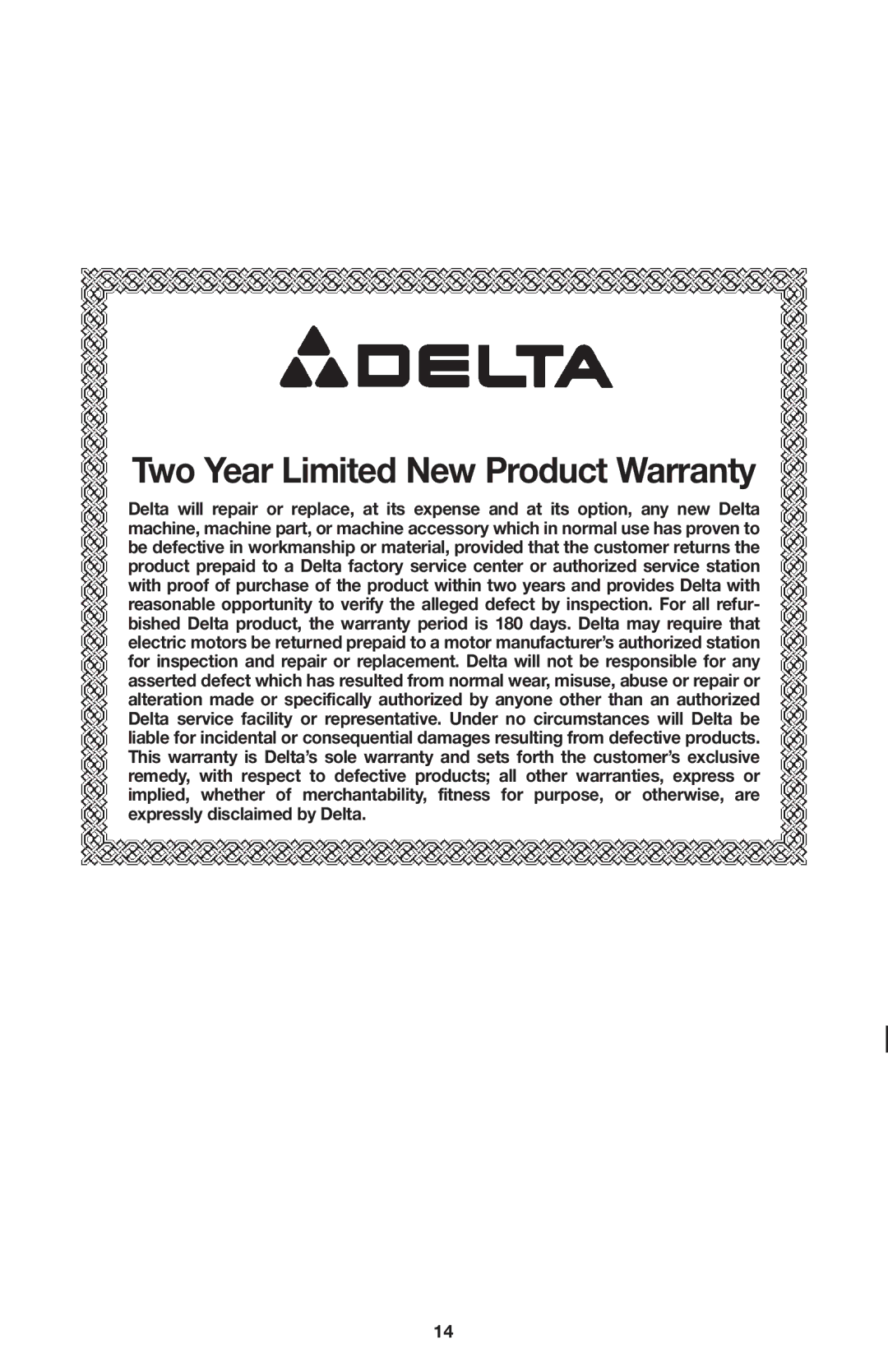 Delta CL180JS instruction manual Two Year Limited New Product Warranty 