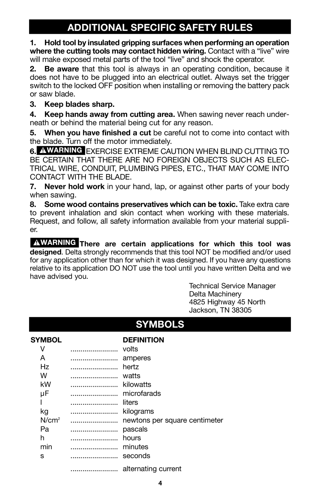 Delta CL180JS instruction manual Additional Specific Safety Rules, Symbols 