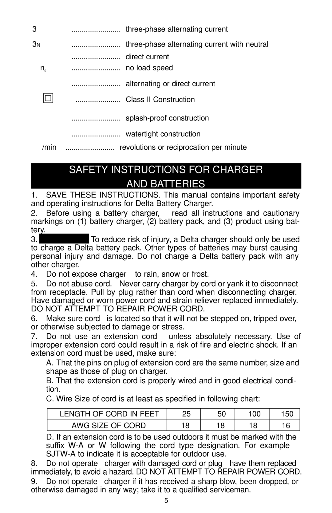 Delta CL180JS instruction manual Safety Instructions for Charger Batteries, Do not expose charger to rain, snow or frost 