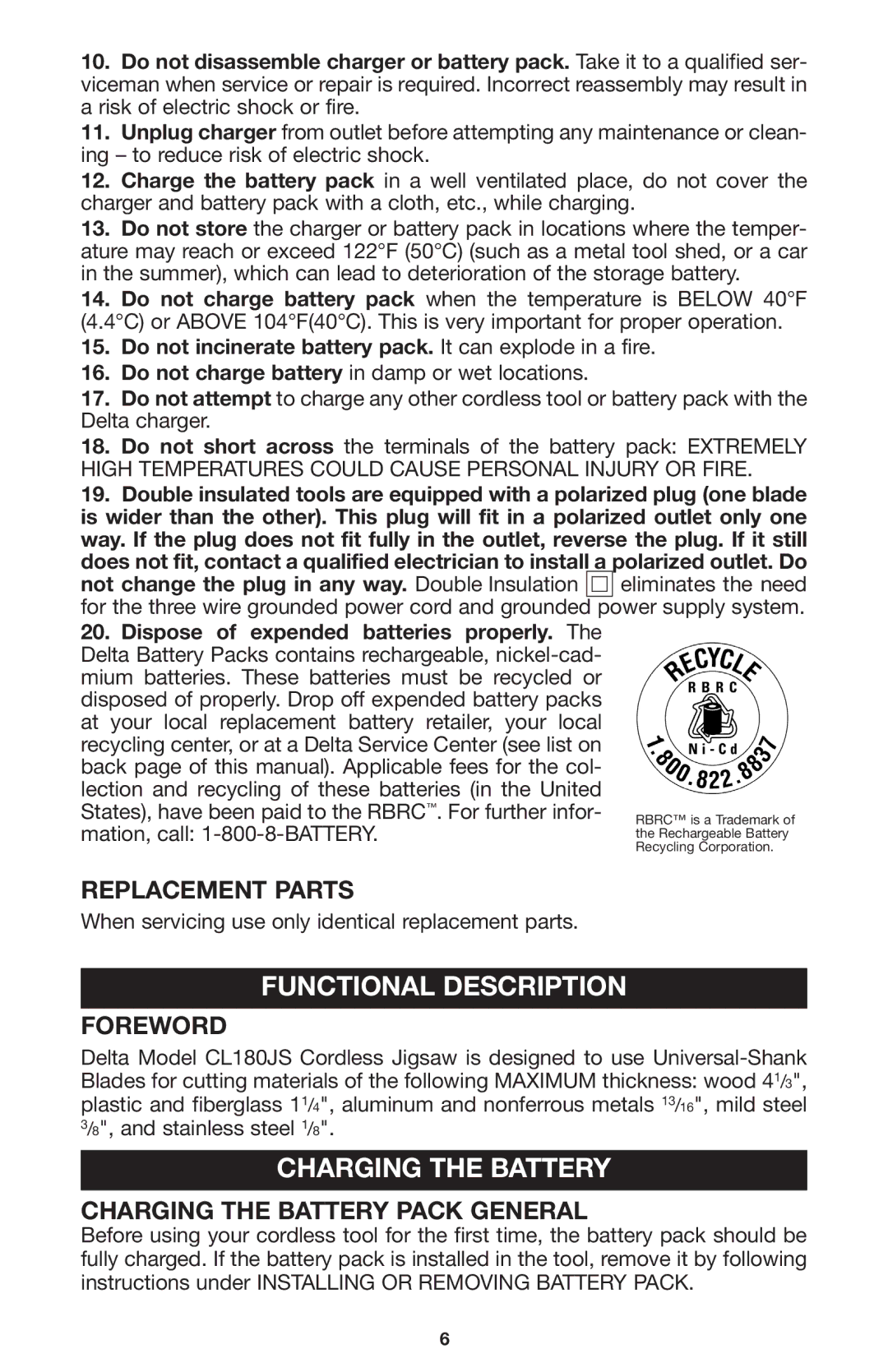 Delta CL180JS instruction manual Functional Description, Replacement Parts, Foreword, Charging the Battery Pack General 