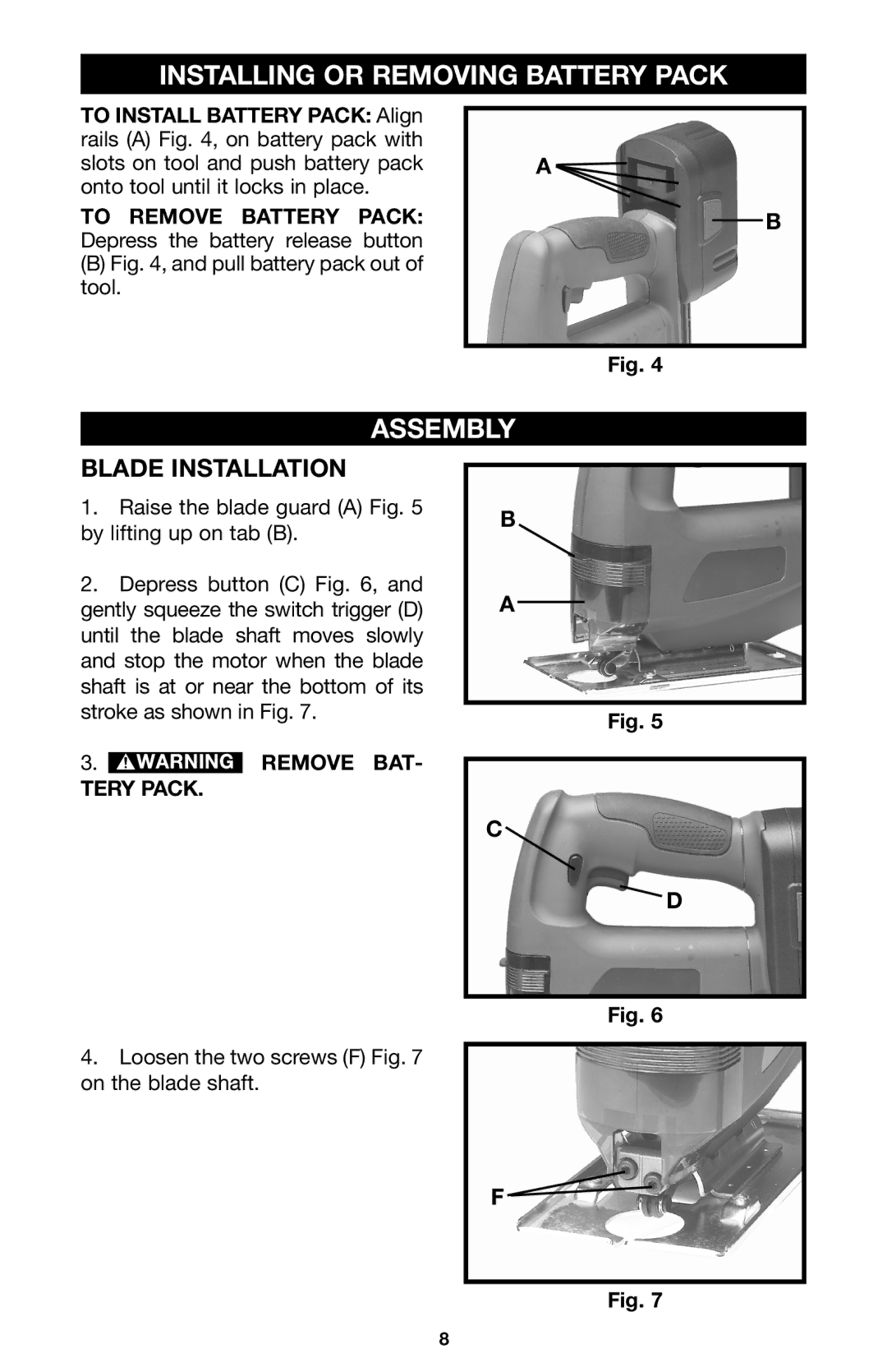 Delta CL180JS instruction manual Installing or Removing Battery Pack, Assembly, Blade Installation 