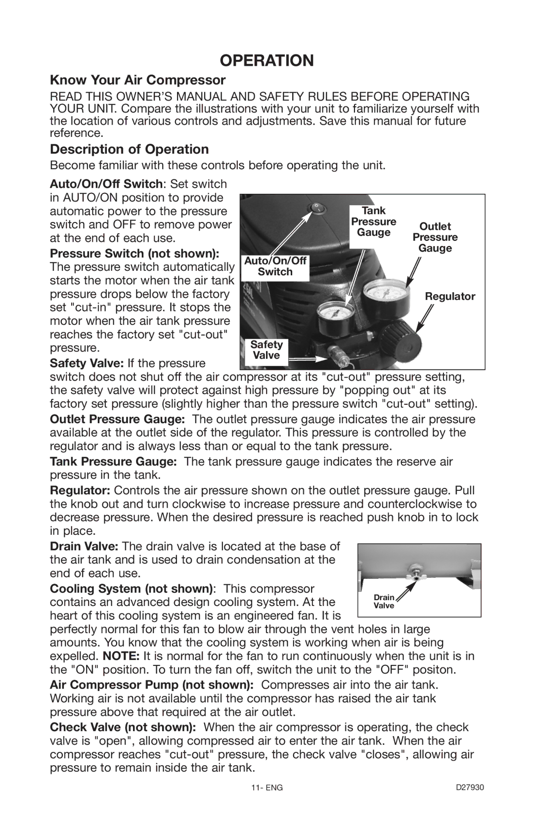 Delta D27930, CP200 instruction manual Know Your Air Compressor Description of Operation, Auto/On/Off Switch Set switch 