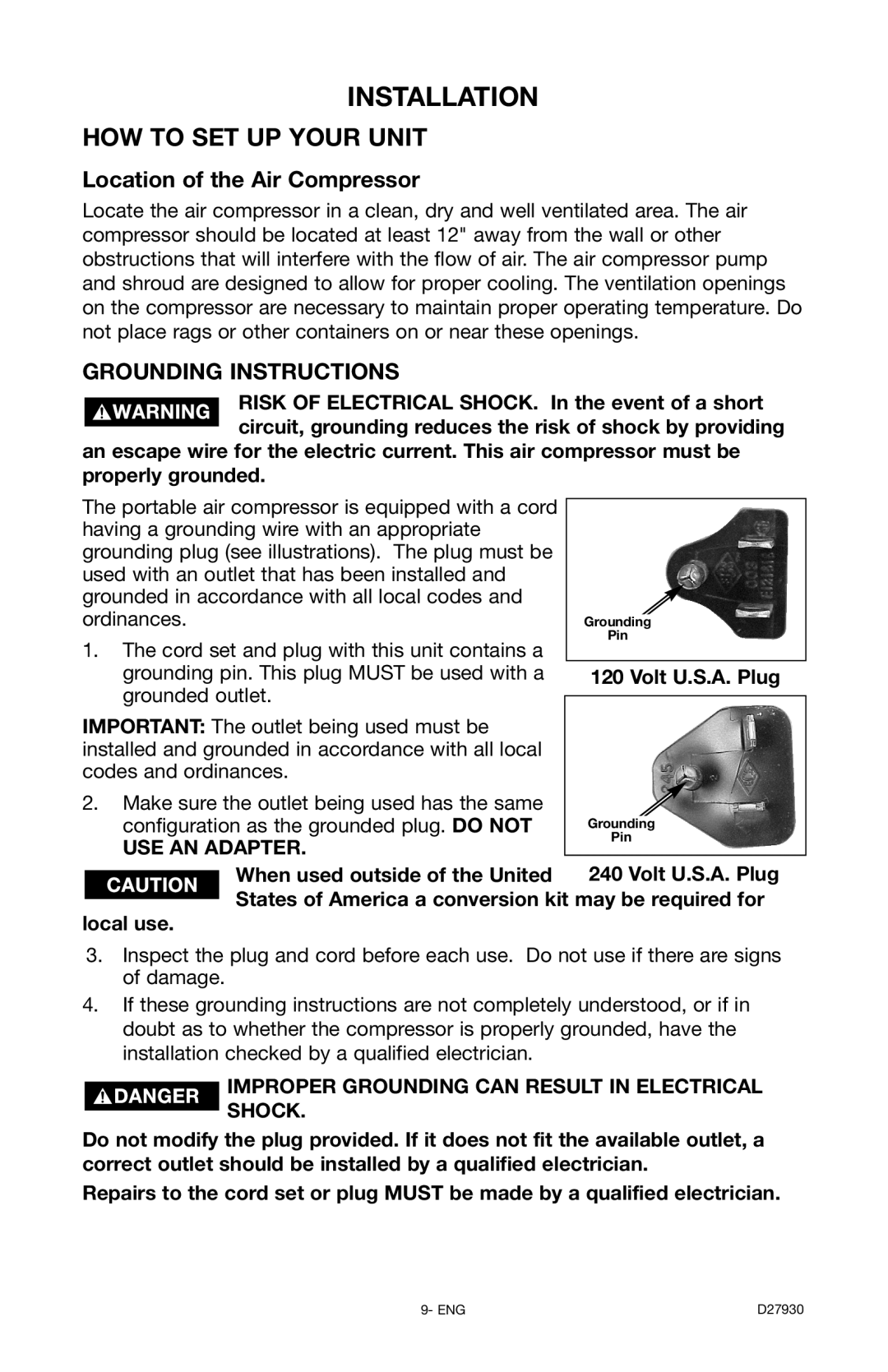 Delta D27930, CP200 instruction manual Installation, Location of the Air Compressor, Volt U.S.A. Plug 