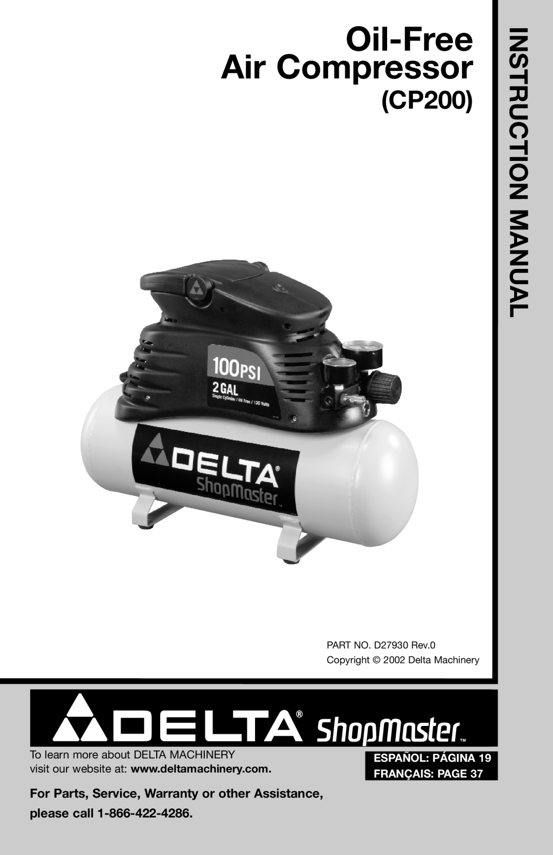 Delta D27930 instruction manual Oil-Free Air Compressor, CP200, Instruction Manual, Español Página, Français Page 