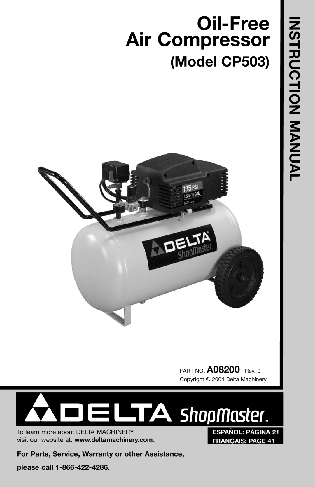 Delta CP503 instruction manual Oil-Free Air Compressor 