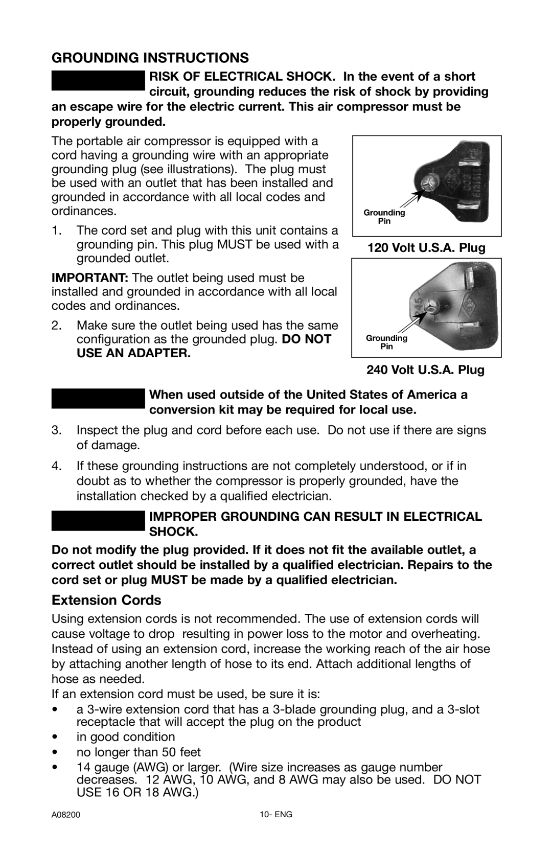 Delta CP503 instruction manual Grounding Instructions, Extension Cords 