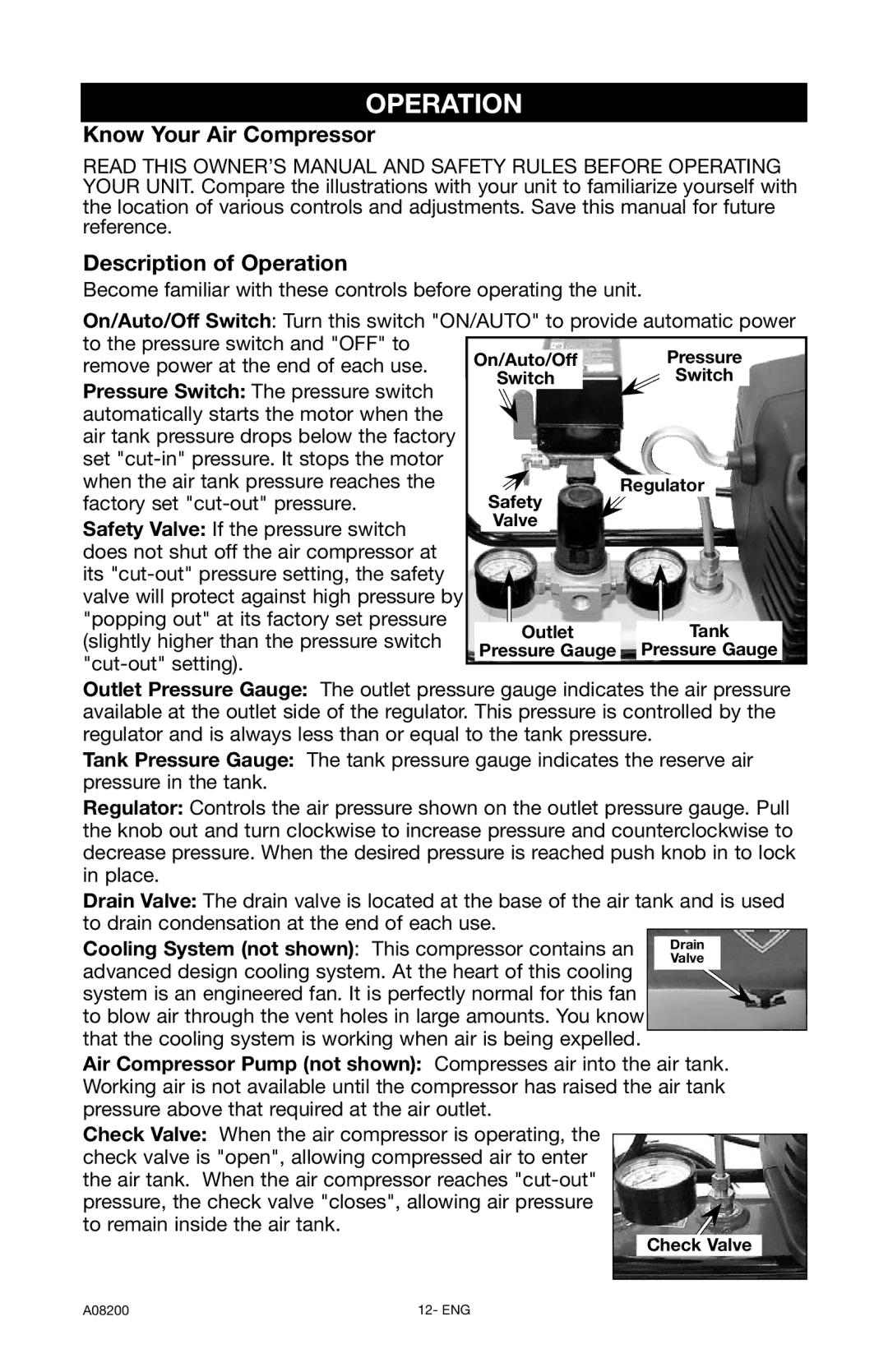 Delta CP503 instruction manual Know Your Air Compressor Description of Operation, Regulator, Check Valve 