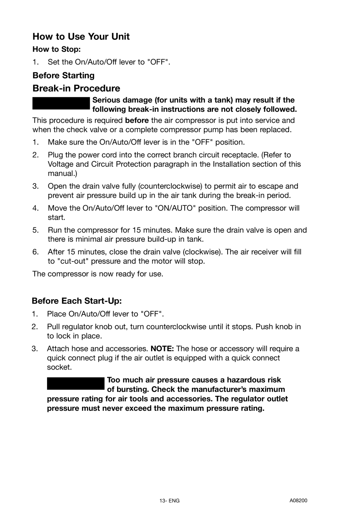 Delta CP503 instruction manual Before Starting, Before Each Start-Up 