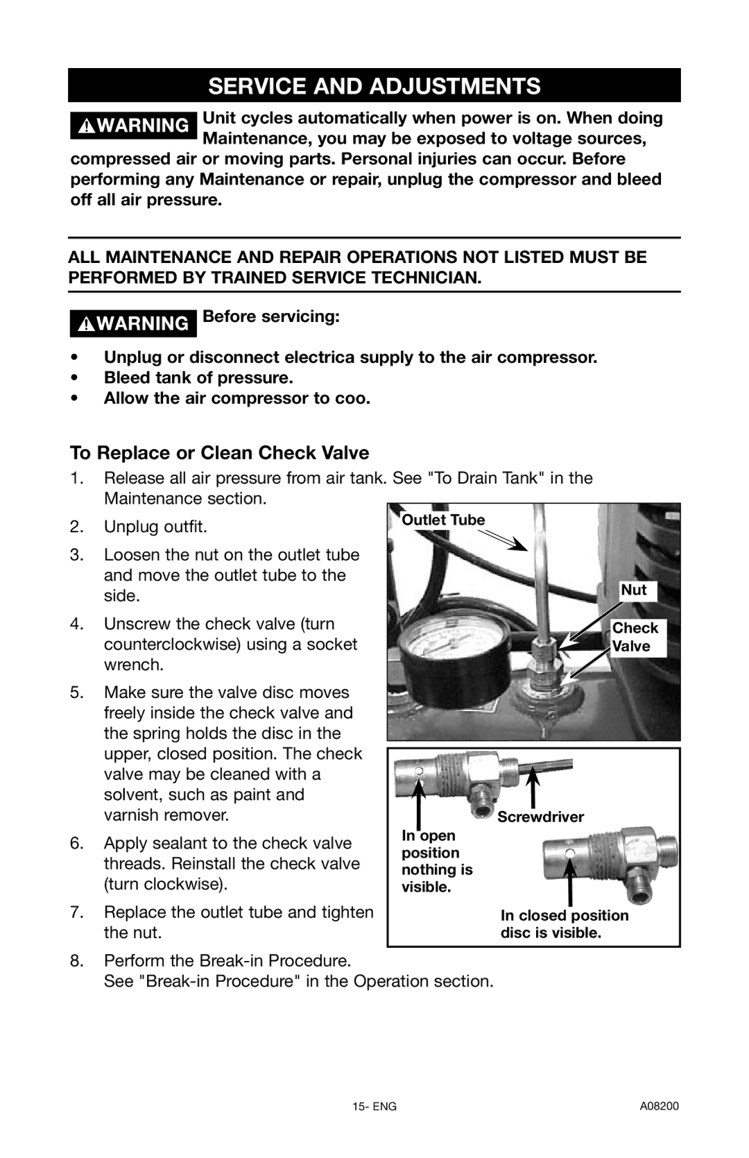 Delta CP503 instruction manual Service and Adjustments, To Replace or Clean Check Valve, Outlet Tube 