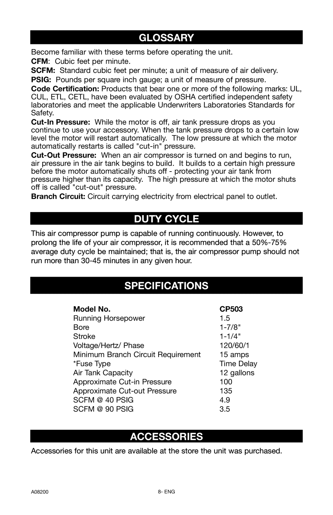 Delta CP503 instruction manual Glossary, Duty Cycle, Specifications, Accessories 