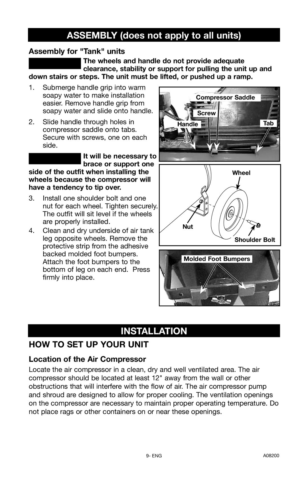 Delta CP503 instruction manual Installation, Assembly for Tank units, Location of the Air Compressor 