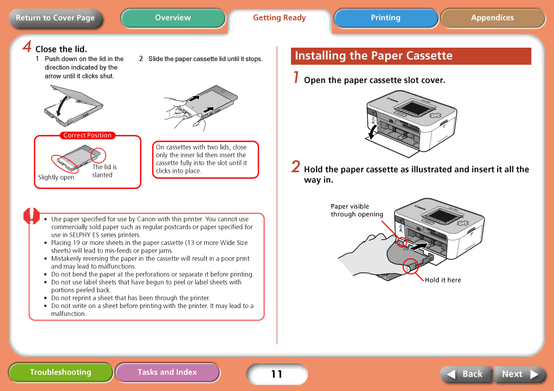 Delta CP750, CP740 specifications Installing the Paper Cassette, Close the lid 