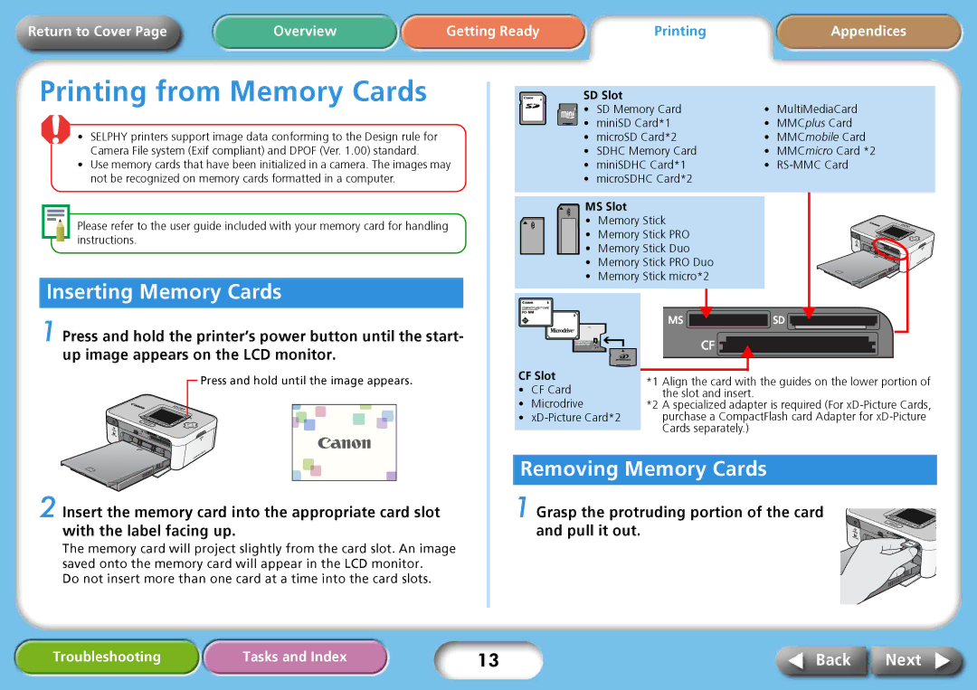 Delta CP750, CP740 specifications Inserting Memory Cards, Removing Memory Cards 