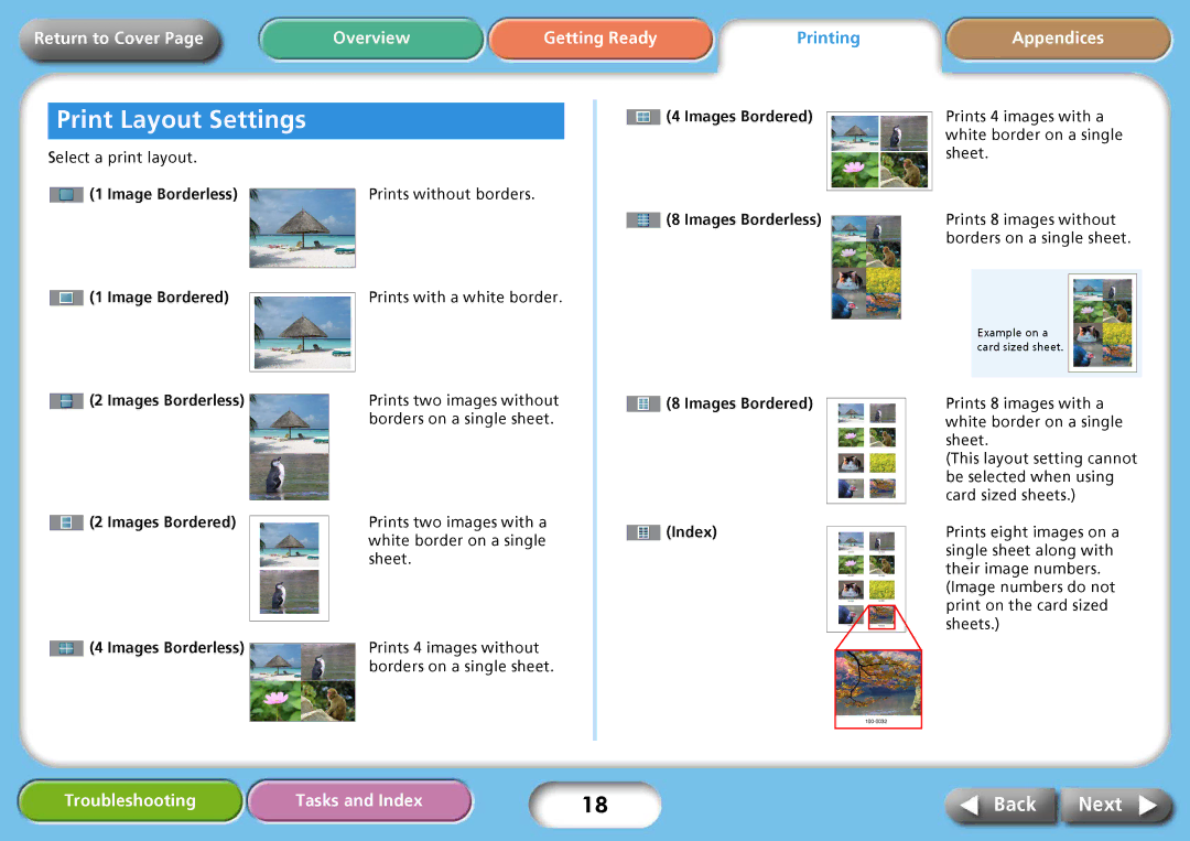 Delta CP740, CP750 specifications Print Layout Settings, Select a print layout, Images Bordered Images Borderless Index 