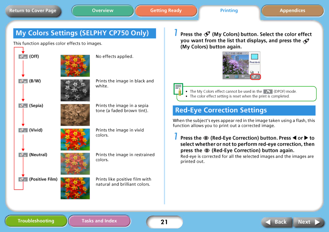 Delta CP740 My Colors Settings Selphy CP750 Only, Red-Eye Correction Settings, Off, Sepia Vivid Neutral Positive Film 