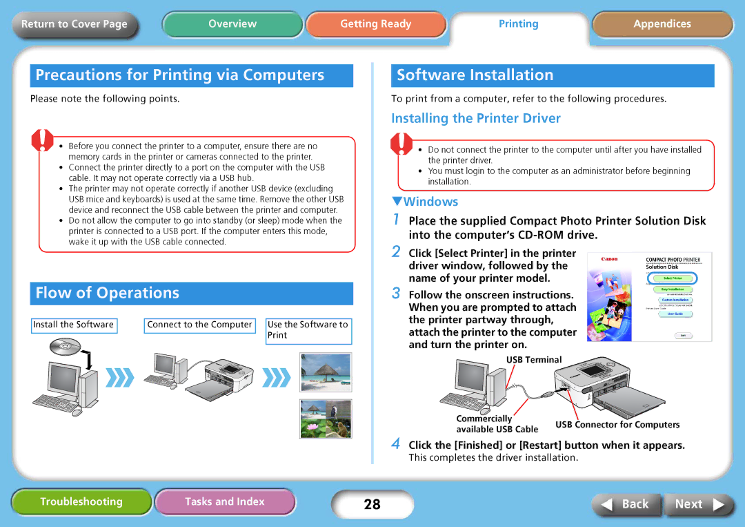 Delta CP740, CP750 specifications Precautions for Printing via Computers, Software Installation, Flow of Operations 