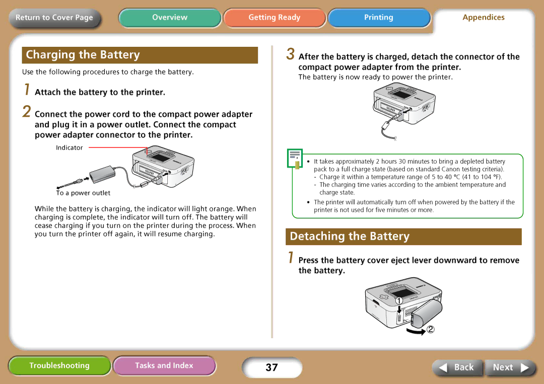 Delta CP750, CP740 Charging the Battery, Detaching the Battery, Use the following procedures to charge the battery 