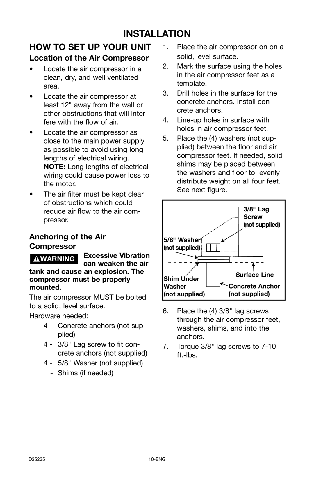 Delta D25235 029-2, DLKC6580V2 Installation, Location of the Air Compressor, Anchoring of the Air Compressor 